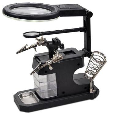 Imagem de Lupa De Mesa Bancada 16 LEDs Com Garras Suporte Ferro Solda 3 Gavetas 