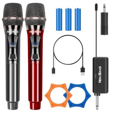 Imagem de Microfones sem fio, sistema de microfone duplo de karaokê, NEWBAXS Microfonos Inalambricos com receptor recarregável, micro conjunto de microfones dinâmicos sem fio para cantar, casamento, DJ, festa,