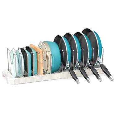 Imagem de Organizador de panelas e frigideiras para embaixo do armário, organizador expansível com 12 divisórias ajustáveis para folhas de biscoito, tábuas de corte, tampas de panelas, utensílios de cozinha