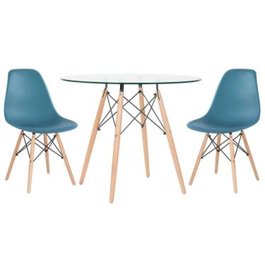 Imagem de Mesa Redonda Eames Com Tampo De Vidro 90 Cm + 2 Cadeiras Eiffel Dsw Turquesa