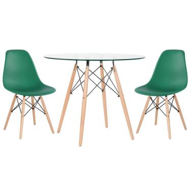 Imagem de Mesa Redonda Eames Com Tampo De Vidro 90 Cm + 2 Cadeiras Eiffel Dsw Verde Escuro
