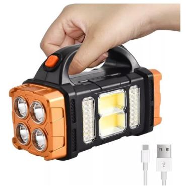 Imagem de Lanterna Solar Portátil Multifuncional, LED COB e 4 Spots, Recarregável USB, Preto e Laranja
