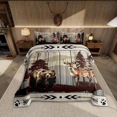 Imagem de Feelyou Conjunto de edredom fofo com estampa de animal selvagem, veado, vida selvagem, urso, fazenda ocidental, cinza, para decoração de quarto, tamanho king, 3 peças