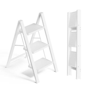 Imagem de SOLADDER Escada dobrável em 3 degraus, banqueta pequena para adultos, escada portátil antiderrapante leve com pedais largos para uso doméstico e na cozinha, economia de espaço - branca (136 kg)