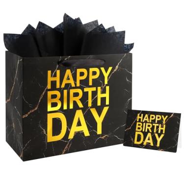 Imagem de ASYEHJNR Bolsa de presente de aniversário de 33 cm de tamanho grande, ouro preto, mármore com sinal de feliz aniversário dourado metálico, saco de presente com cartão de felicitações e papel de seda
