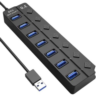 Imagem de Hub USB 3.0 Com 7 Portas, Botões Individuais, LED, Alta Velocidade (5Gbps) Compatível Com PC Notebook TV Console Mouse PenDrive Teclado Impressora Acabamento Linha Premium