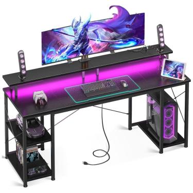 Imagem de Mesa Gamer de Fibra de Carbono, 63&quot; 160 cm com Luz LED, Tomadas, Prateleiras de Armazenamento e Suporte para Monitor, 110V, ODK