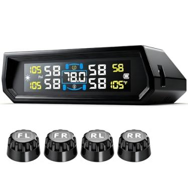 Imagem de Sistema de monitoramento de pressão de pneu - Sistema de monitoramento de pressão de pneu solar RV TPMS com 4 sensores externos e 6 modos de alarme, visor LCD liga/desliga automática, sensores TPMS