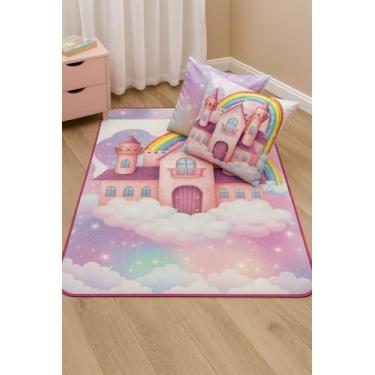 Imagem de Kit Tapete Infantil 1,35X1,00 Decorativo com 2 Almofadas, Base Antiderrapante para Quarto e Área de Brincadeiras (CASTELO ENCANTADO)