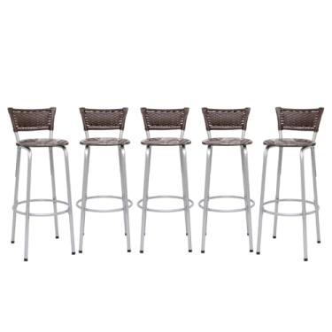 Imagem de Kit 5 Banquetas Alta Junco Argila Estrutura Prata 70cm Para Balcão Ilha Bancada Cozinha Bar Bistrô Americano - Itagold (Assento Floral Marrom)