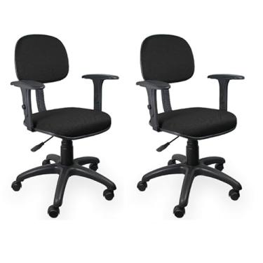 Imagem de Kit 2 Cadeiras de Escritório Secretária Giratória Preta Home Gourmet com Braços Ergonômica Estofada em Tecido Estrutura Aço Rodízios Nylon