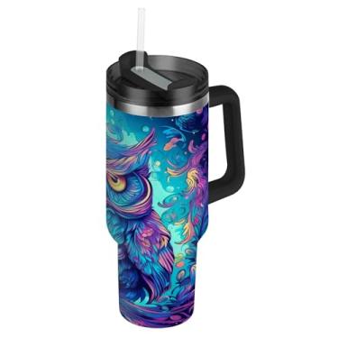 Imagem de Blueangle Copo de coruja neon de 1,134 g com alça e tampa de palha, caneca de viagem de aço inoxidável com isolamento a vácuo de parede dupla, garrafa de água reutilizável para academia de escritório