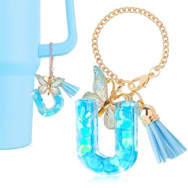 Imagem de DECZHIYU Berloques iniciais para acessórios Stanley Cup, pingentes de letra U para copo Stanley com alça, pingentes azuis para bolsas de mão, mochilas, berloques fofos de letra inicial com borla de