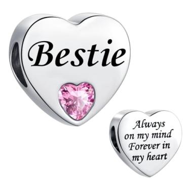 Imagem de MiiFort Berloque de coração rosa amor bestie pulseiras Pandora contas de aniversário para mulheres Always on My Mind Forever In My Heart Aço inoxidável