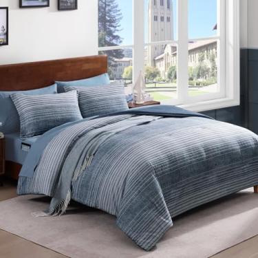 Imagem de AMBERSPACE Conjunto de edredom solteiro xadrez azul lago, 5 peças para meninos, meninas, adolescentes, cama leve em uma bolsa para dormitório, lençol com lençóis, fronhas e fronhas