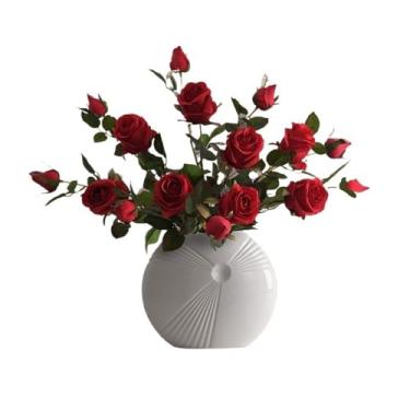 Imagem de CFGH6FDF Conjunto de decoração de rosas de luxo com simulação de flores falsas, buquê de flores falsas, mesa de jantar com vaso e jardim (vermelho)
