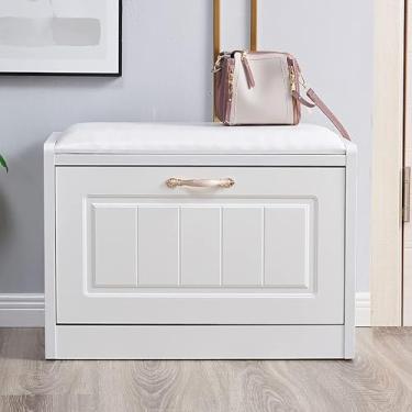 Imagem de Banco de entrada estofado de couro, organizador de armazenamento de sapatos, banco de sapatos moderno para casa com prateleira oculta, armário de sapatos premium (tamanho: 65 x 30 x 45 cm (26 x 12 x