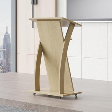 Imagem de Suporte de pódio portátil de 104 cm com rodas - Púlpito de madeira para igrejas, escritórios, escolas e conferências - Mesa de pé ajustável com plataforma de leitura (acabamento natural)
