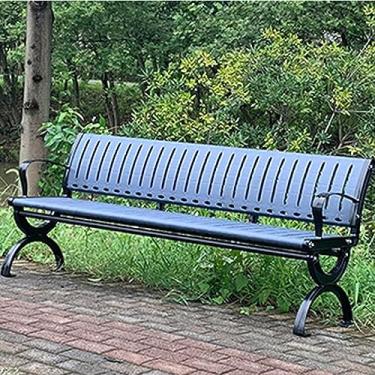 Imagem de Banco de jardim externo para pátio, bancos de metal à prova de ferrugem, banco de parque de pátio, pátio com encosto e apoio de braço, banco externo para jardim de parque, pátio e lounge (cor: azul