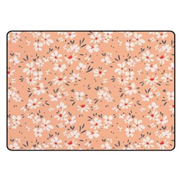 Imagem de DreamBay Tapete de área de flores pequenas laranja branco para sala de estar, quarto, sala de aula, 1,4 m x 1,8 m, grande coleção tapete lavável, tapete de brincar de espuma para berçário