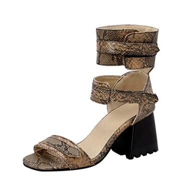 Imagem de Sapatos femininos de couro de pele de cobra oco aberto bico grosso salto alto gancho laço sapatos para mulheres sandálias confortáveis, Marrom, 9