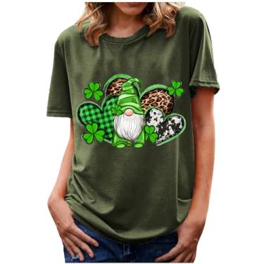 Imagem de Camisetas femininas St Patrick com trevo de quatro folhas, blusa feminina de manga curta, casual, bonita, verão, Camisetas femininas Army Green St Patrick's Day, M