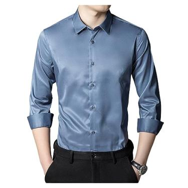 Imagem de Camisa social masculina elástica gola lapela manga longa camisa formal seda não passar a ferro, Cor 10, 4G