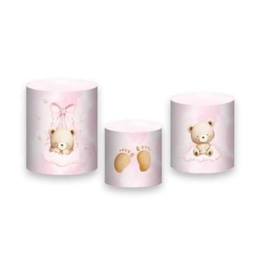 Imagem de Trio de Capas de Cilindro - Chá de Bebê Ursinha Rosa Suave e Bege 068 