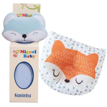 Imagem de Kit Naninha + Travesseiro Bebê Anatômico Apoio Cabeça Raposa Azul - Fl