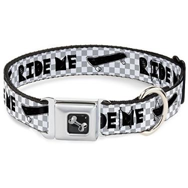 Imagem de Buckle-Down Coleira para cães com fivela de cinto de segurança – Skate Ride Me com mini xadrez branco/cinza/preto – 3,8 cm de largura – Serve para pescoço de 40,6 a 58,4 cm – Médio