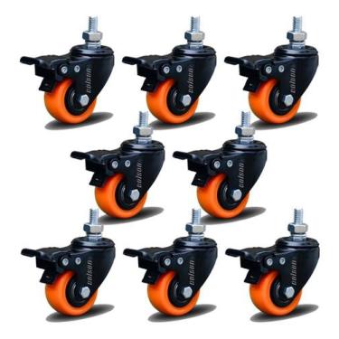 Imagem de Kit 8 Rodízio Linha Black Parafuso 3/8" 50mm Com Freio 400kg Laranja -
