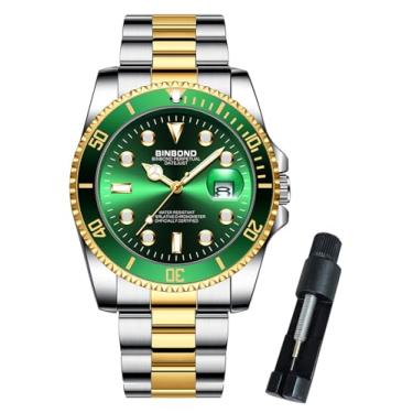 Imagem de BINBOND Relógios masculinos de aço inoxidável, com bisel giratório, clássico, à prova d'água, luminoso, luxuoso, mostrador grande, data de negócios, relógio de pulso masculino, Dourado, verde,