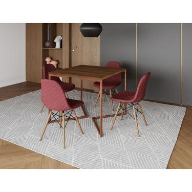 Imagem de Mesa Jantar Industrial Base Cobre V 90cm Quadrada Amêndoa c/ 4 Cadeiras Madeira Eames Estofada Verme