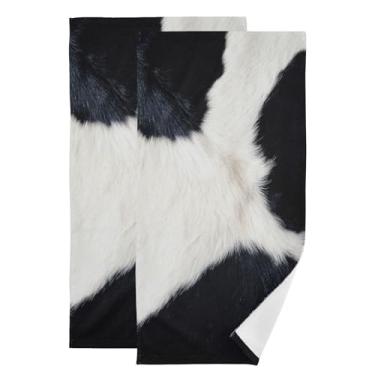 Imagem de HATESAH Pacote com 2 toalhas de mão com estampa de vaca preta e branca para banheiro, couro bovino ocidental macio absorvente rústico pele animal de fazenda toalhas de banheiro de rosto de hóspedes