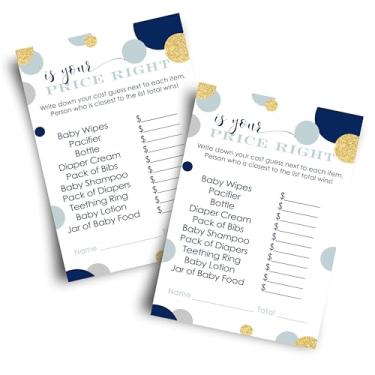 Imagem de Conjunto de chá de bebê azul marinho e dourado Guess the Price (25 cartões) divertido atividade para meninos Sprinkle - estrelinha cintilante - Príncipe real - náutico