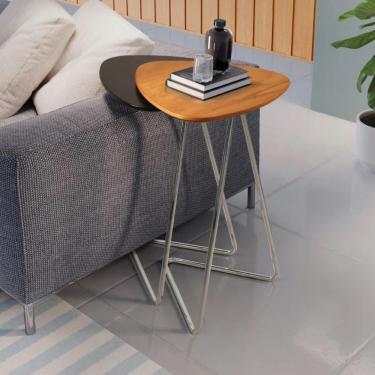 Imagem de Conjunto 2 Mesa De Apoio Para Sofá Folha Castanho E Preto Base Em Metal Cromado