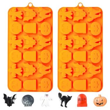Imagem de Moldes de silicone para doces de caveira de Halloween, pacote com 2 formas de cozimento assustador, fantasma, morcego, gato, lápide, abóbora, para cubos de gelo de chocolate, laranja