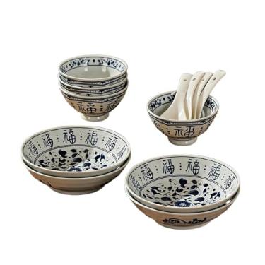 Imagem de Pratos Fuzi azuis e brancos de cor sólida chinesa, simples e requintados, resistentes a altas temperaturas, conjunto de 16 (4,5 tigelas) para 4 pessoas.