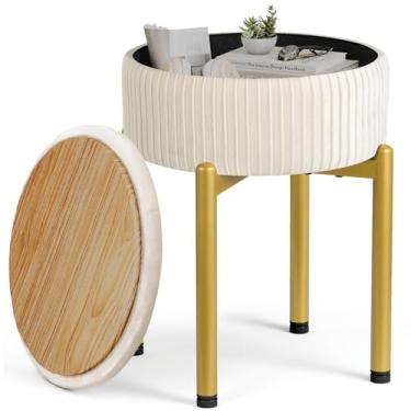 Imagem de Memobarco Banqueta de veludo de 45 cm com armazenamento, banco de vaidade com 4 pernas de metal dourado e pés ajustáveis antiderrapantes, banco otomano de armazenamento redondo com assento acolchoado
