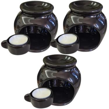 Imagem de Kit 3 Difusor Rechaud Cerâmica Bolinha com Panelinha Para Óleos Essenciais e Wax Melts Preto