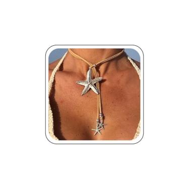 Imagem de Sttiafay Boho Colar gargantilha grande estrela do mar, colar de couro em camadas, colar com pingente de estrela do mar, colares longos de camurça, estrela-do-mar, joias femininas