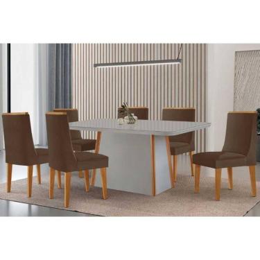 Imagem de Conjunto Sala de Jantar Tilia c/ Tampo Madeirado c/ Vidro Canto Curvo 180x90cm e 6 Cadeiras Dakota Madeira Maciça Naturale/Off White - Capuccino/Suede