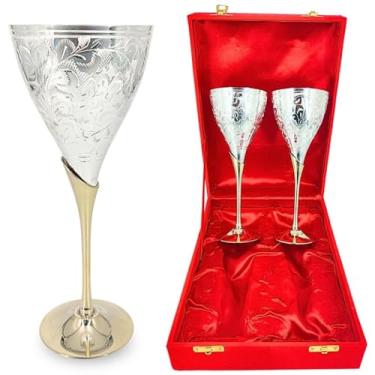 Imagem de Taças de champanhe de latão com caixa de veludo premium - Conjunto de 2 copos de vinho de cálice gótico - Taças de champanhe feitas à mão banhadas a prata para casamento, presente de inauguração de