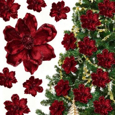 Imagem de Yuxung 20 peças de enfeites de flores de magnólia de poinsétia com purpurina, cabeças grandes, flores artificiais de magnólia para árvore de Natal, guirlanda de Natal, decoração de casamento (Fúcsia)
