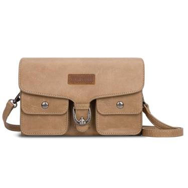 Imagem de Bolsa feminina Wrangler com aba transversal com vários bolsos, bolsa de ombro com zíper duplo, Caqui, Bolsa tipo carteira transversal