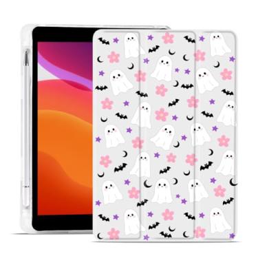 Imagem de MAYCARI Capa de Halloween para iPad de 10,2 polegadas 2021/2020/2019 com suporte para lápis, capa protetora traseira de TPU macio original com flores de fantasmas fofos, iPad 9ª/8ª/7ª geração, capa