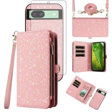 Imagem de Asuwish Capa de celular para Google Pixel 8A carteira com zíper magnética destacável com protetor de tela de vidro temperado e compartimento para cartão com glitter, suporte para celular, acessórios
