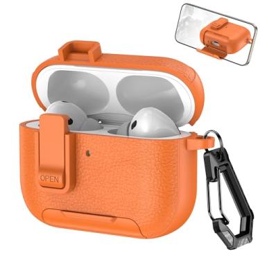 Imagem de Ephoou Capa para AirPods Pro 3 com suporte e trava de segurança, capa de textura de couro à prova de choque de policarbonato + TPU com mosquetão para AirPods Pro 3 PW-laranja