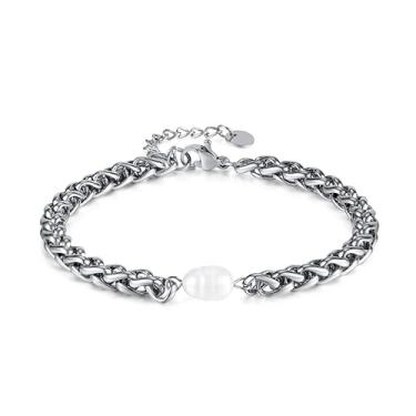 Imagem de jonline24h Pulseira masculina feminina de aço inoxidável com pingente de pérola dourada, 8.07inch, Aço inoxidável, Sem Pedra Preciosa