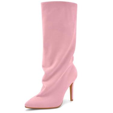 Imagem de Perisis Botas femininas despojadas cano médio pretas longas de puxar salto agulha bico fino botas de tubarão para mulheres sexy moda, Camurça rosa claro, 36